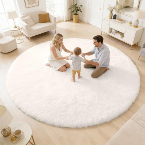 Image of OLANLY Ivory Round Rugs for Bedroom - Machine Washable, 6 ft Circle Area Rugs for Living Room, Soft and Fluffy Shaggy Carpet for Teen Girls and Boys, Nursery Rooms, Dorms, Home Decor Aesthetic