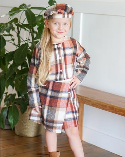 Image of HINTINA Toddler Girl 4 Pieces Outfits Ruffles Long Sleeve Tops Plaid Skirt Jacket And Hat Fall Winter Clothes Set