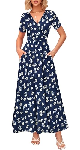 Image of WNEEDU Women's Summer Maxi Dress Short Sleeves Wrap V Neck Long Dresses with Pockets