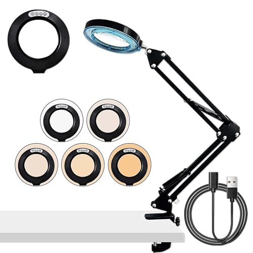 10X Lupe mit Licht und Ständer, Verstellbarer Schwenkarm LED Beleuchtete Lupenleuchte mit Klemme, 5 Farbmodi, für Lesen Basteln Juweliere Modellbau Handwerk Reparatur Malerei