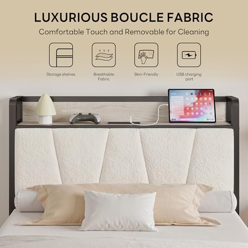 Image of LIKIMIO Twin XL Bed Frames, Boucle Storage Headboard with Charging Station, Solid and Stable, Noise Free, No Box Spring Needed, Easy Assembly
