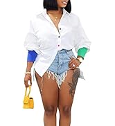 qfmqkpi Women Sexy Shirt Dress Colorblock Button Down Long Sleeve Ribbed Cuff Slit Hem Blouse Top