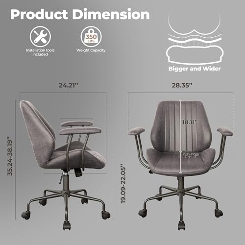 Image of ovios Ergonomic Office Chair, Mid Back Faux Leather Executive Chairs with Armrests, Comfy Mid-Century Modern Swivel Rolling Computer Armchair (Dark Grey, Suede Leather)