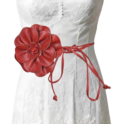 Women Girls Flower Waist Chain/Rope/Belt For Wedding Dress Female Waistband Skinny Belt Floral PU Leather Belt, Deep Red