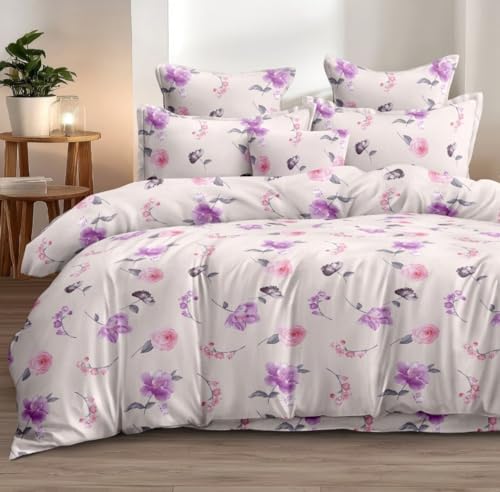 Image of DECOR2ADMIRE 300TC Premium Glace Cotton Printed Super King Size Double Bedsheet with Two Pillow Covers, 108 * 108 Inches or 9ft by 9ft or 275 cm x 275 cm (Cream Blooms)