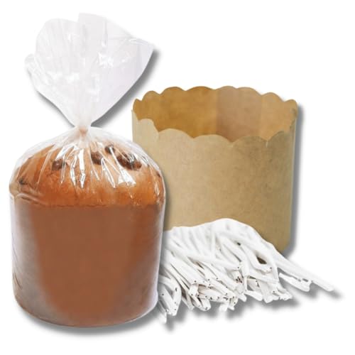 Kit C/ 100 Un. Saco Plástico P/Panetone 250g + 100 Fechos 8cm + 100 Formas Kraft 250g