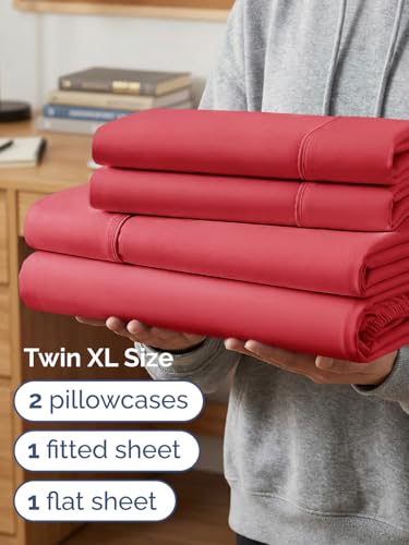Image of Extra Deep Twin XL Sheet Set - 4 Piece Breathable and Cooling Sheets - Red | Hotel Luxury Bed Sheets Set, Easy & Secure Fit, Ultra-Soft, Wrinkle & Fade Free, Comfy Sheets Set with Extra Deep Pockets