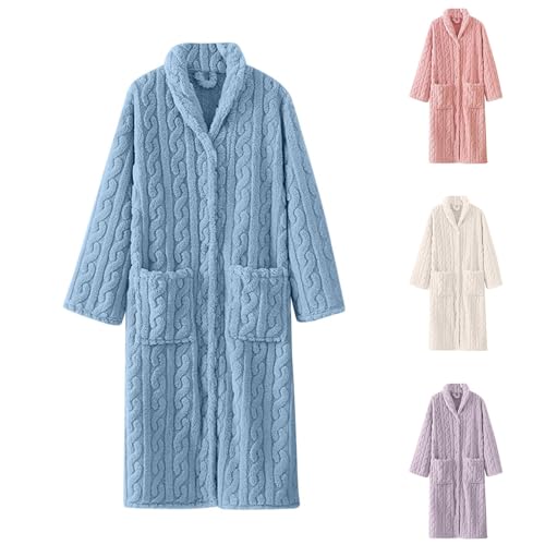 TDEOK Albornoz largo para mujer, bata de casa cálida, pijama de felpa, bata de un solo color, bata de franela con botones, bata de dormir más gruesa, ropa de estar por casa con bolsillos, camiseta de
