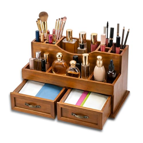 Krdrgey Rustic Wood Makeup Organizer with 2 Drawers, Vintage Tabletop Storage Box for Perfume, Skincare and Beauty Supplies, Thick Wood Design for Office, Bathroom, or Countertop
