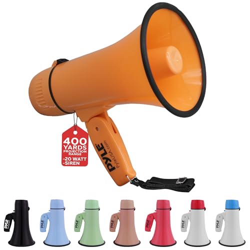 Pyle Megafone Bullhorn de 20 W - portátil, sirene automática e volume ajustável, alcance de projeção de até 400 jardas quadradas, entrada auxiliar, talk, sirene, música, apito e gravação, alça de