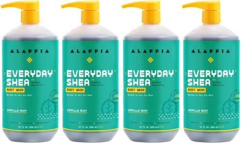 Image of Alaffia Everyday Shea Body Wash, Naturally Helps Moisturize and Cleanse Without Stripping Natural Oils with Fair Trade Shea Butter, Neem, and Coconut Oil Vanilla Mint 32 fl oz - 4 Pack