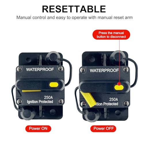 Xipupoo 250 Amp Car Waterproof Circuit Breaker 12V - 48V DC with Manual Reset Switch Button for Boat Trolling Motor Marine ATV Trailer Vehicles Stereo Audio Electronic Battery Solar System Inline Fuse