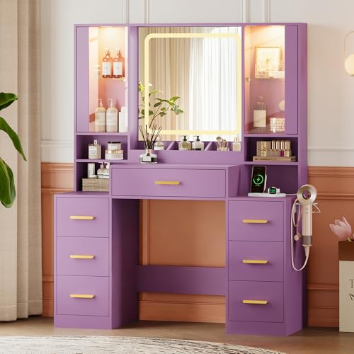 Image of HUANLEGO Makeup Vanity Desk with Mirror and LED Lights for Girls, Purple | Farmhouse Dressing Table Set for Women, LED Glass Cabinet, 7 Drawers, Power Outlet, Hair Dryer, 3 Lighting Modes