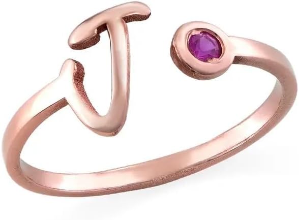 MyNameNecklace Personalized Open Initial Ring with Birthstone for Woman - Custom Gift Jewelry for Birthday, Christmas for Her, Women