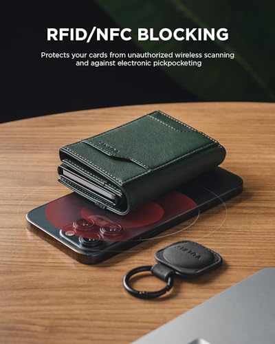 Image of VULKIT Pop up Card Wallet with AirTag Holder RFID Blocking Credit Card Holder with Banknote Compartment & ID Window for Men(New Green)
