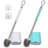 GUCOLUBU Toilet Bowl Brush and Holder 2 Pack Long Handle Toilet Brush for Bathroom with Ventilated Holder Floor and Wall Mounted Plastic Toilet Brush Set Under The Rim Household Cleaning (Cyan/White)