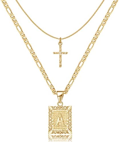 KELORIS PATH Gold Layered Initial Cross Necklace, 14K Gold Plated Layering Square Letter Pendant Figaro Chain Cross Choker from A-Z Capital Jewelry for Women GirlsChain Necklace(Letter A)