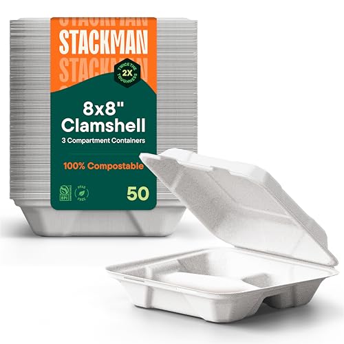 Eco-Friendly Meal Prep Containers 3 Compartment [50-Pack 8x8x3"] Disposable to
