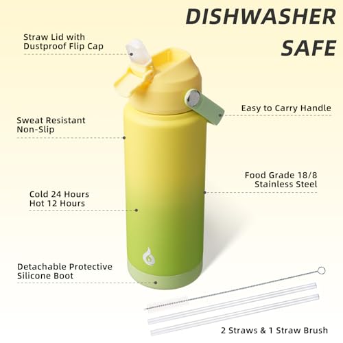 Image of BJPKPK Water Bottle with Straw Lid, 24oz Vacuum Insulated Water Bottles, Metal Stainless Steel Thermo for Sports, Travel, BPA Free Leak Proof Thermo, Cups, Flasks, Tumblers,Fresh Green