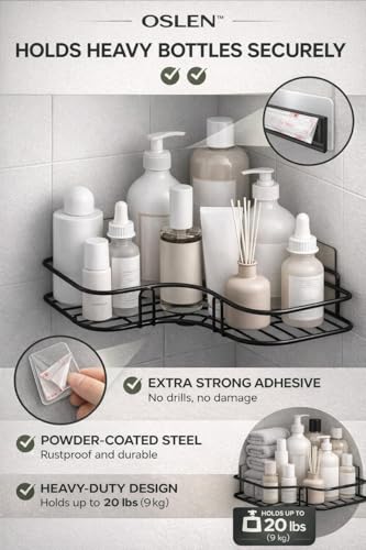 Image of Oslen Pack of 2 No Drill Self Adhesive Bathroom Corner Shelf, Metal Wall Mounted Shower Storage Rack, Bathroom Shelf Organizer, Rust Proof Corner Rack for Bathroom & Kitchen, Black, 8 & 9 Inch