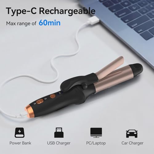 Image of Cordless Curling Iron Hair Curler: Mini USB Rechargeable 4000 mAh 3 Temp Setting Travel Portable 200 Million Negative Ion for Long Short Hair