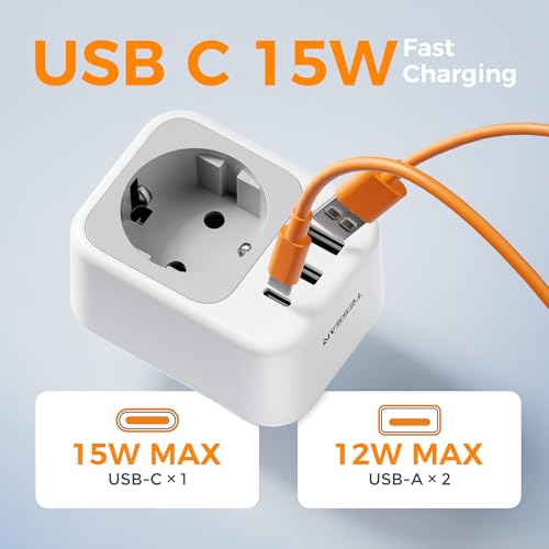 TESSAN EU to US Plug Adapter, European Travel Adaptor with 1 AC Outlet and 3 USB Ports(1 USB C), Most of Europe Germany France Korea Greece Type C/E/F Plugs to US Power Adapter4