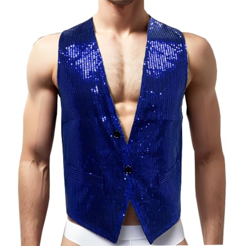 Mens Sequin Dance Vest V-neck Slim Fit Shiny Waistcoat for Stage Performance Wedding Prom Party