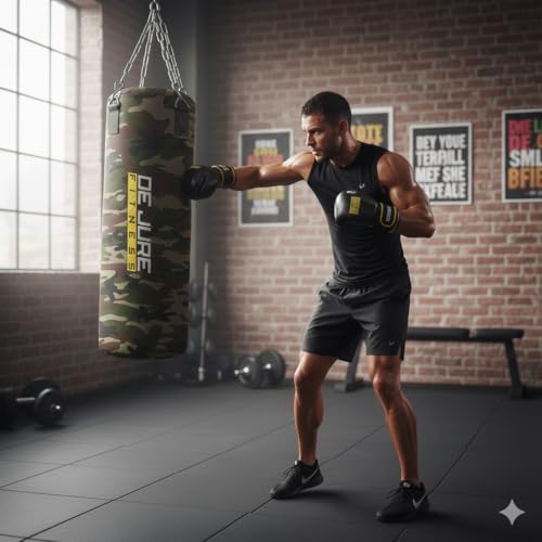 Image of De Jure Fitness Heavy Duty 4 Ft Punching Bag with Rust-Proof Stainless Steel Hanging Chain | Durable Polyester Fabric | Comfortable Recycled Filling | Boxing MMA, Kickboxing - Camouflage, 4 Ft