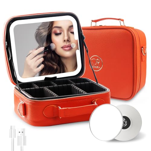 Image of MOMIRA Travel Makeup Bag Cosmetic Bag with Lighted Mirror, Adjustable Brightness in 3 Color Scenarios /Detachable makeup mirror, All-round Upgrade, Waterproof, Gift for Women -Orange