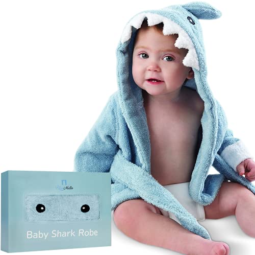 BlueMello Baby Shark Bathrobe | Ultra-Soft Blue Hooded Robe for Toddlers 0-6 Months | Essential Bath Towel for Infants | Ideal Newborn Registry and Baby Boy Accessories | Perfect Baby Girl Shower Gift