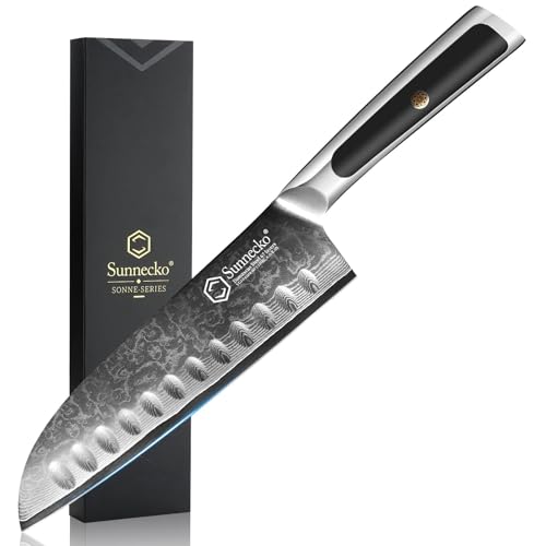 Sunnecko Couteau Cuisine Japonais en Acier Damas 67 Couches, Couteau Santoku 18 cm Professionnel, Couteaux de Cuisine pour Poisson Viande Légume