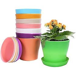 Macetas Ecologicas Con Botellas De Plastico KAHEIGN 8 Piezas 14cm Coloridas Macetas de Plástico, Macetas Interiores de 8 Colores para Macetas con Bandejas de Paletas para Oficina (14 x 12cm)