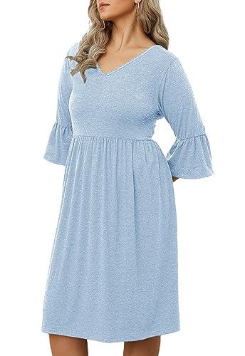 Image of Women's Plus Size 3 /4 Sleeve Casual Dress V Neck Spring Summer Tshirt Empire Waist Ruffle Midi Dresses