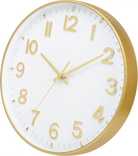 Image of HZDHCLH Wall Clocks Battery Operated,Wall Clock White Gold,8 inch Wall Clock Silent Non Ticking Modern 3D Numbers for Office Kitchen Classroom Bedroom Living Room Decor