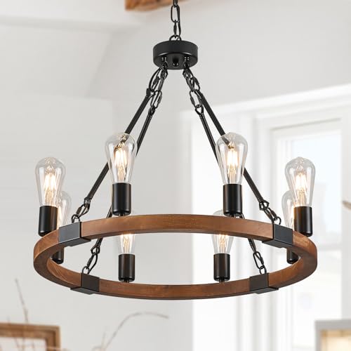 Poemoon Farmhouse Wooden Wagon Wheel Chandelier 8 Lights 23.6'' Rustic