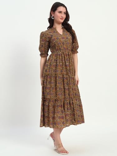 Image of Women's Fit and Flare Dress I Pure Cotton Long Summer Maxi Dress I V-Neck I Casual Wear I Printed Kalamkari Floral Middi