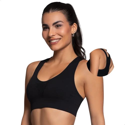 SELENE Top Academia com Microfuros Poliamida Sem Costura Feminino Fitness Adulto, 1 Preto, 'GG