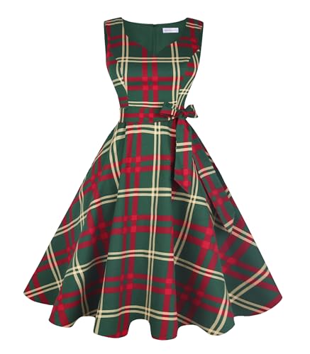 Girstunm 1950s Dresses for Women Sleeveless Audrey Hepburn Tea Party Swing Dress Retro Cocktail Dress with Pockets Christmas Plaid X-Large