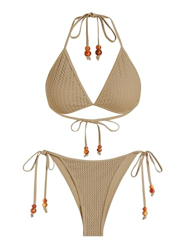 ZAFUL Women Bikini Set Two Piece Textured Beaded Tie Back Halter Cheeky Swimsuit Bathing Suit