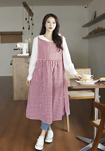 Talibsa Plaid Apron Dress，Japanese Cotton Linen Cross Back Apron For Women With Pockets，Pinafore Dress With Waist Ties (Red Plaid) #TOP1
