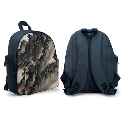 Chinese Painting Backpack Small Book Bag with Side Pocket, Lightweight Durable Backpack, Travel Rucksack, Blue-style4