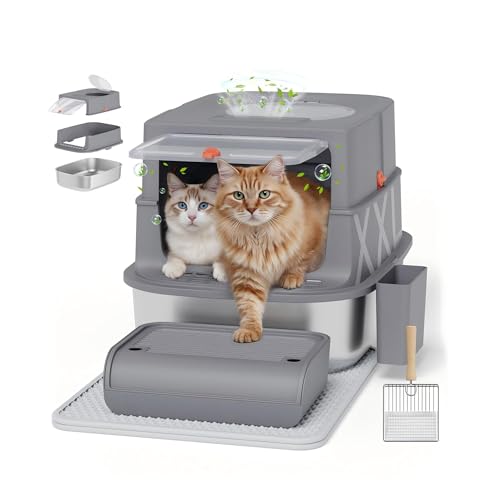 Edelstahl Katzenklo mit Deckel, Geruchsfreie Geschlossene Katzentoilette für Große Katzen, Leicht zu Reinigen Abnehmbares Metall Katzen Klo mit...