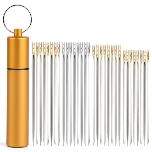 GarfxG 40pcs Self Threading Needles Easy Threading Steel Hand Sewing Needles Large Eye Sharp with A Metal Tube for Storing Blind Handmade Sewing Embroidery Accessories