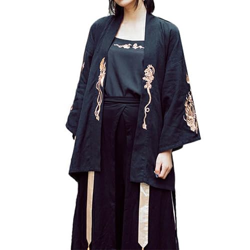 Womens Unisex Dragon Pattern Obi Kimono Cardigan Traditional Japanese & Chinese Fusion Clothing, Unique Embroidery, 2-Way Design, 9/10 Sleeve