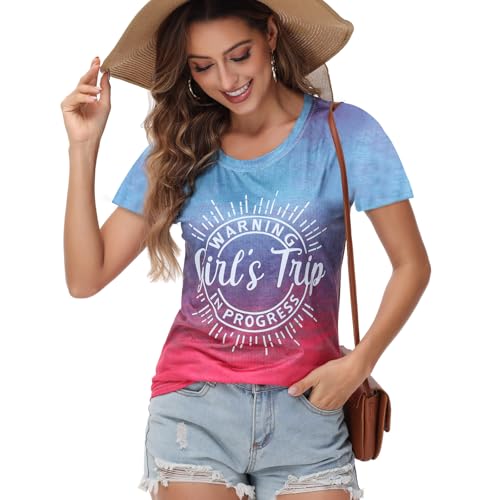 Image of Women's Casual Warning Girls Trip in Progress T-Shirt Casual Crewneck Short Sleeve Graphic Tee