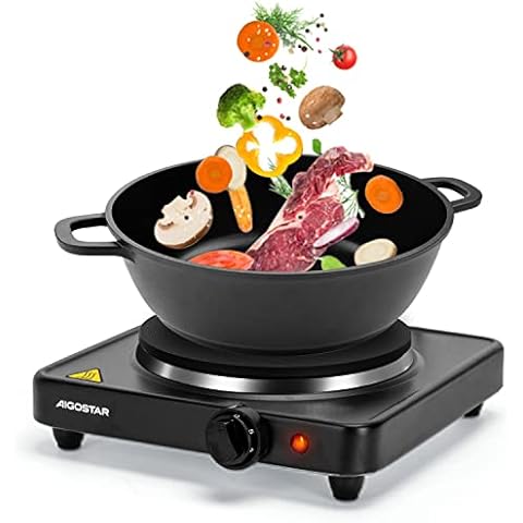 Aigostar 1500W Hot Plate, Portable Hob for Table-Top Cooking, Electric Hotplate with Variable Heat Settings, Overheat Protection,Cast Iron, Black - Gem 30A44 Cover