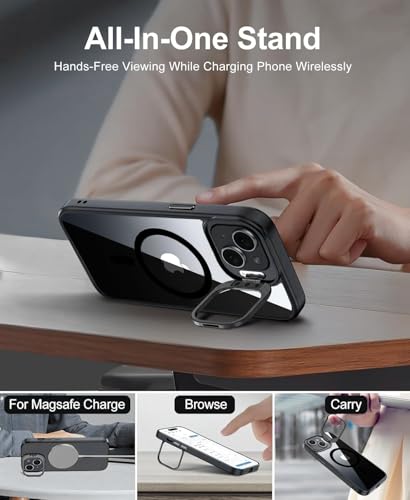 Image of VONZEE Clear Camera Kickstand Case for iPhone 15, Built-in Adjustable Camera Stand, Clear Magnetic Mag-Safe Shockproof Classic Series Phone Cover (Black)
