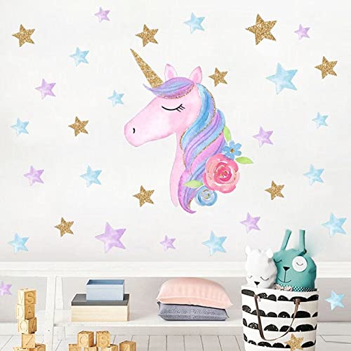 QuoteMyWall Pegatinas de pared de unicornio con diseño de estrellas, flores con purpurina, decoración de pared de unicornio, arco iris, regalo de cumpleaños, regalo floral Cover