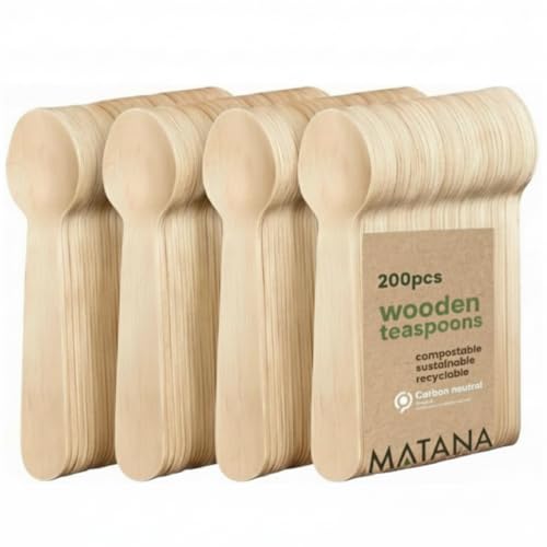 MATANA 200 Holz-Teelöffel 14cm - Einweg Kaffeelöffel, Klein Holzlöffel, Eislöffel - Glatt & Splitterfrei - Mini Einweglöffel für Kaffee,...