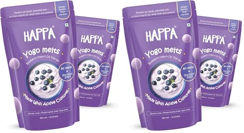 Image of Happa Blueberry Yogurt Melts | Real Greek Yogurt Candy for Babies, Kids & Adults | No Added Sugar, No Colours, No Artificial Flavours | Melt-in-Mouth | 8M+ | Single Ingredient | 20g Pack of 4